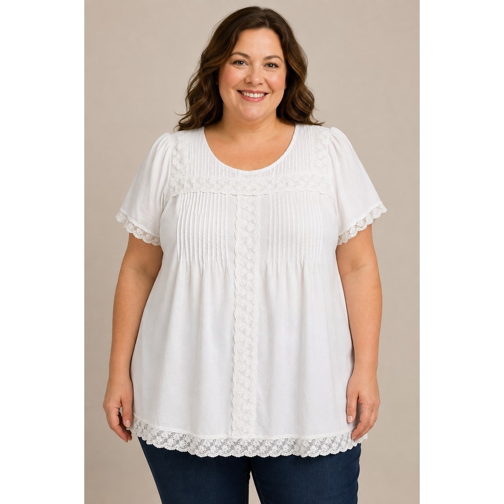 Woman Within Top 1X 22/24 White Lace Pintuck Short Sleeve Boho Tunic